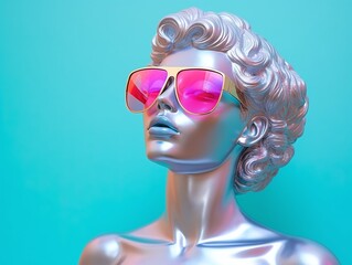Holographic Venus Statue Adorning Modern Sunglasses Against A Turquoise Background