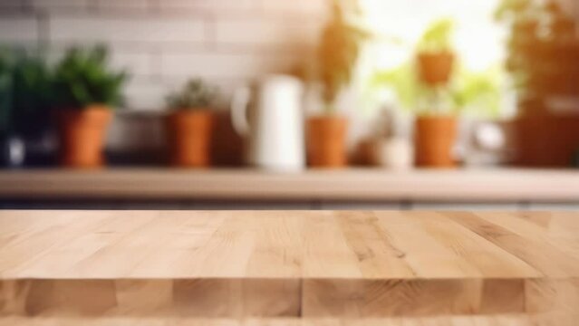 Wooden table in front of kitchen counter and pots of flowers
