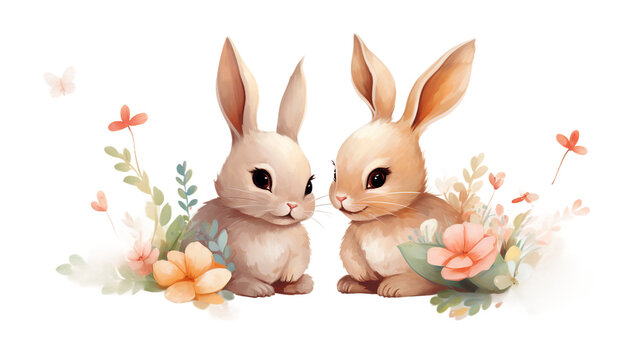 Playful Spring Rabbits Clipart on Transparent Background