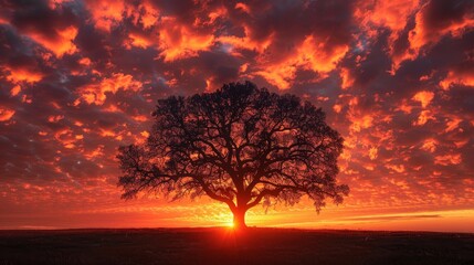 Showcase the silhouette of a tree against a fiery sunset background, emphasizing the contrast between darkness and light