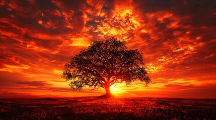 Showcase the silhouette of a tree against a fiery sunset background, emphasizing the contrast between darkness and light