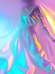 Obraz premium Holographic Fashion Woman Posing Against Gradient Background in Futuristic Style