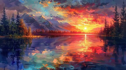 Visualize a breathtaking rural sunset, where the sky is ablaze with colors, reflecting over a tranquil lake - obrazy, fototapety, plakaty