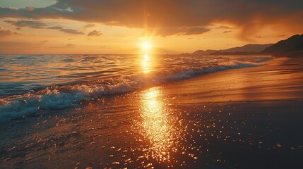 Visualize a golden sunset on a secluded beach, where the sky meets the sea in a breathtaking display