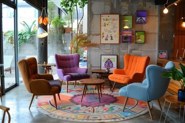 A cozy interior adorned with mismatched colored chairs, creating an eclectic and charming atmosphere.