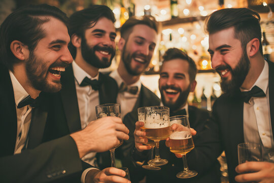 Ausgelassene Feier: Fröhliche Männer feiern ausgelassen bei einem Junggesellenabschied