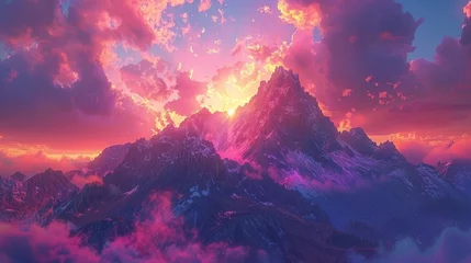 Fototapeten Visualize a vibrant mountain sunset, where the sky explodes in colors over the silent guardians of the earth © MAY