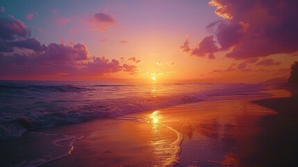 Visualize a vibrant sunset at the beach, where the sky's canvas merges oranges and purples above the calming sea