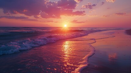 Visualize a vibrant sunset at the beach, where the sky's canvas merges oranges and purples above the calming sea