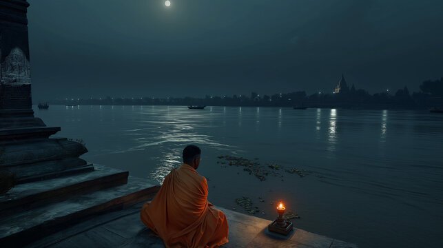 Mystical river Ganges in the moonlight, AI generated