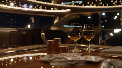 Fototapeta na wymiar On a luxurious yacht at sea, a high-stakes poker game unfolds under the starlit sky, AI generated