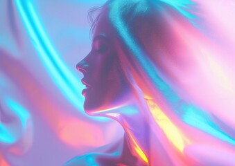 Holographic Womans Profile Against a Gradient Background in Futuristic Setting
