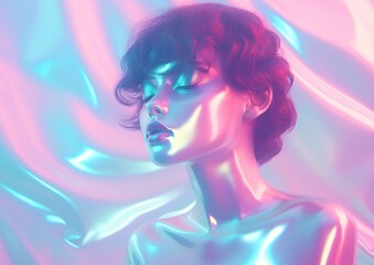 Holographic Woman Shining in Radiant Colors Against a Gradient Background