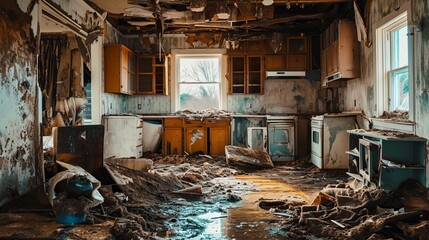 Abandoned Kitchen Damaged by Natural Disaster with Broken Appliances and Mud - obrazy, fototapety, plakaty