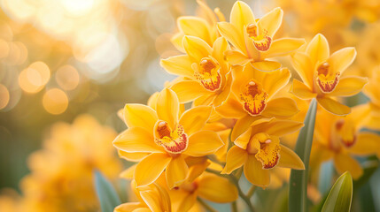 Yellow Cymbidium hybrid orchid flowers. - obrazy, fototapety, plakaty