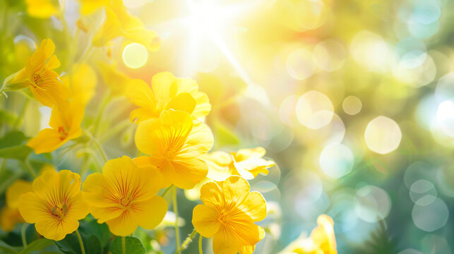 Yellow nasturtium flowers in summer sun.