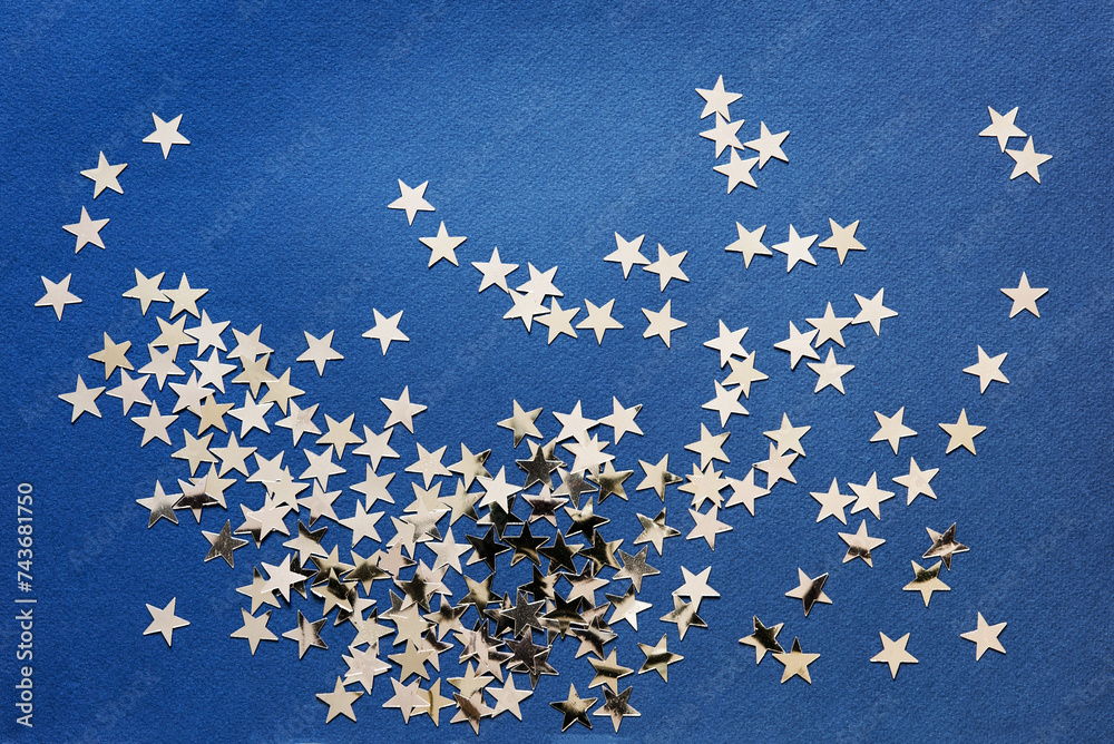 Poster Abstract background with silver stars confetti glitter over blue background