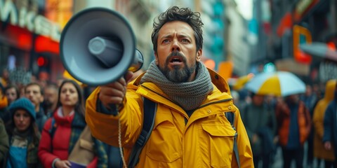 Obraz premium Street protest with activists, loudspeakers, and a diverse crowd advocating for political freedom and rights.