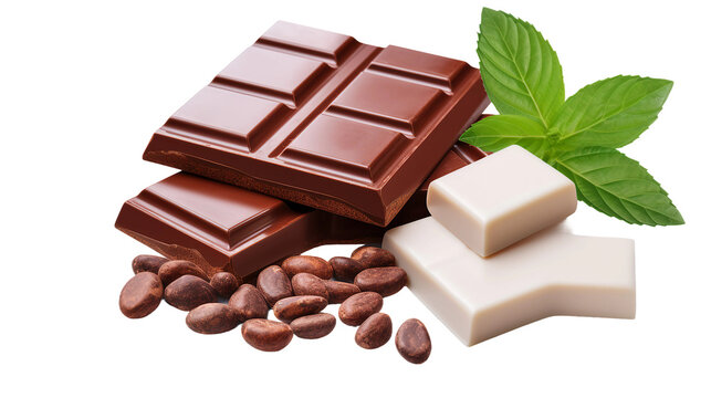 Realistic Cocoa Composition with Chocolate Bar and Raw Beans on Transparent Background