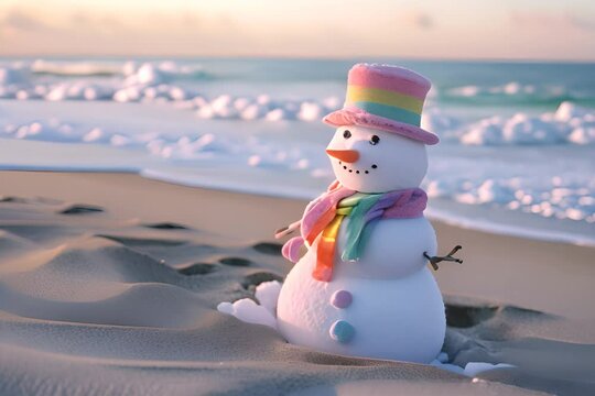 
The snowman slowly melts on the sunny beach. He wears a cap and scarf in rainbow colors. Sea waves are lapping in the background.