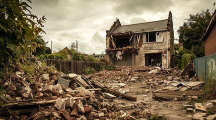 Damaged Residential House Amidst Debris Under Cloudy Sky: A Scene of Destruction and Desolation
