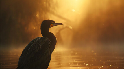 A cormorant in the morning light. - obrazy, fototapety, plakaty