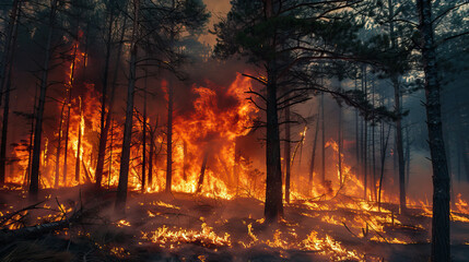 large scary forest fire, burning trees in the forest