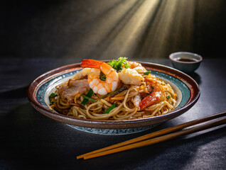 A dramatic close-up shot of Hokkien Mee on a vintage ceramic plate.