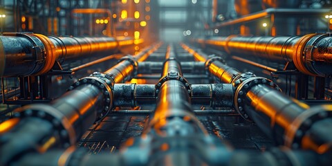 Interconnected pipelines at a refinery highlight the complexity of industrial systems - obrazy, fototapety, plakaty