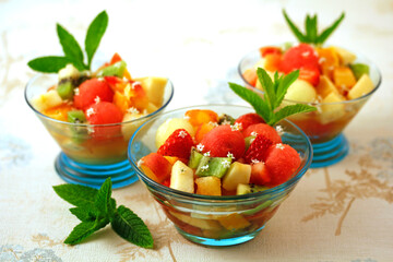 Fruit salad with elderberry lemonade.