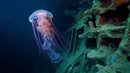 Fototapeta premium In the depths of the ocean abyss, a bioluminescent jellyfish, AI generated