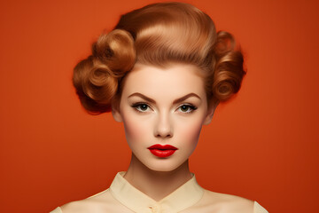 Face of pretty woman with red hair in 60s retro updo hairstyle and makeup in front of orange background