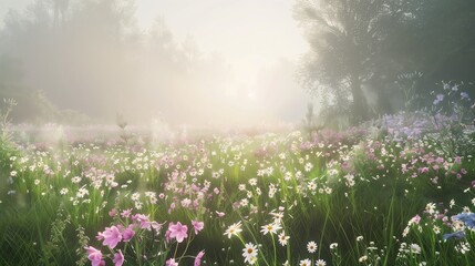 Morning mist envelops a field of wildflowers, creating an ethereal dreamscape where reality and reverie intertwine. - obrazy, fototapety, plakaty