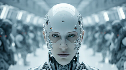 Futuristic Android with Human-like Features Amidst a Robot Army created with Generative AI technology