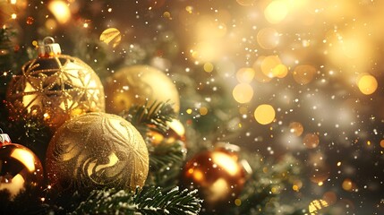Obraz na płótnie Canvas golden christmas baubles on bokeh background, detailed ornaments with warm glow 