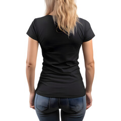 Blond woman in black t shirt isolated on white background.