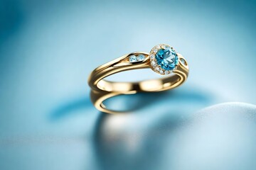 golden engagement ring on blue background