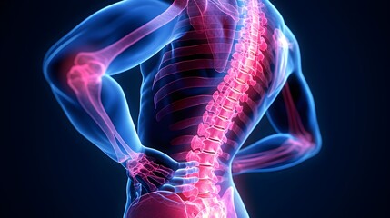 human vertebrae spinal column intervertebral discs glowing highlighted curvature of the spine