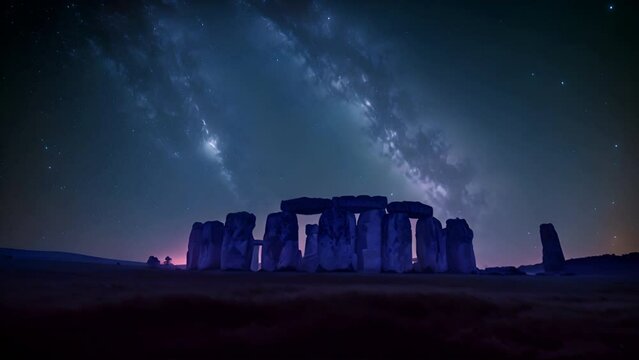 Nighttime landscape with the stone circle. Generative AI.