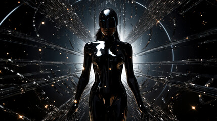 Futuristic Female Warrior in a Dynamic Shards Storm created with Generative AI technology.