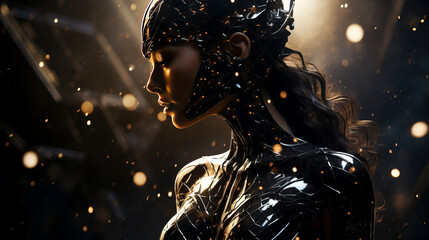 Futuristic Female Warrior in a Dynamic Shards Storm created with Generative AI technology. - obrazy, fototapety, plakaty