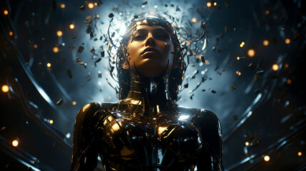 Fototapeta na wymiar Futuristic Female Warrior in a Dynamic Shards Storm created with Generative AI technology.