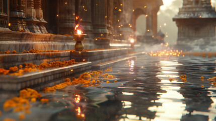 The sacred Ganges, the temple's reflection dances with the play of sunlight and water currents, AI generated