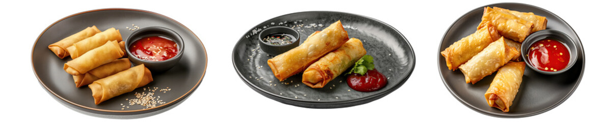 Crispy spring rolls with dipping sauce on plate. Golden brown spring rolls served with spicy...