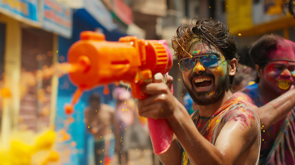 Holi revelry, a comical character, armed with an oversized water gun filled with hues, AI generated - obrazy, fototapety, plakaty