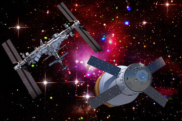 Spaceships in space. Science theme. The elements of this image furnished by NASA. - 743686515