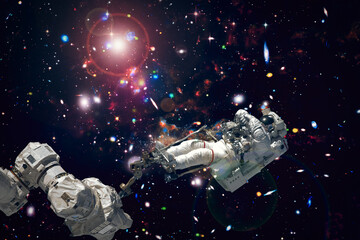 Astronaut surfing dark space with stars. The elements of this image furnished by NASA. - 743686542