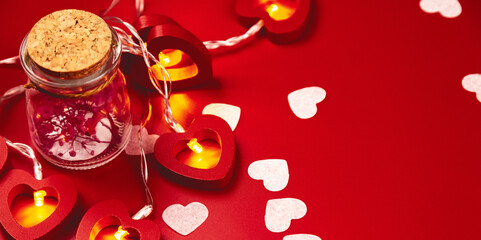Table top Valentine's day decoration concept background. Empty space for creative design layout.