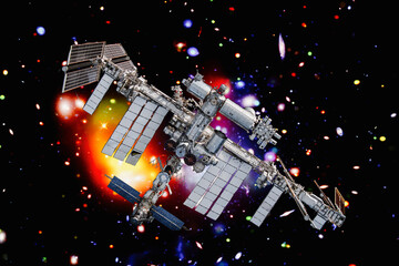 Spaceship in space. Science theme. The elements of this image furnished by NASA. - 743686547