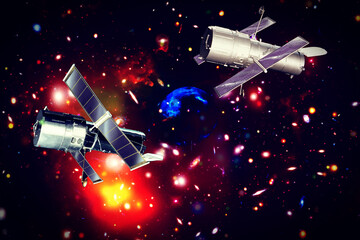 Spaceship in space. Science theme. The elements of this image furnished by NASA. - 743686588